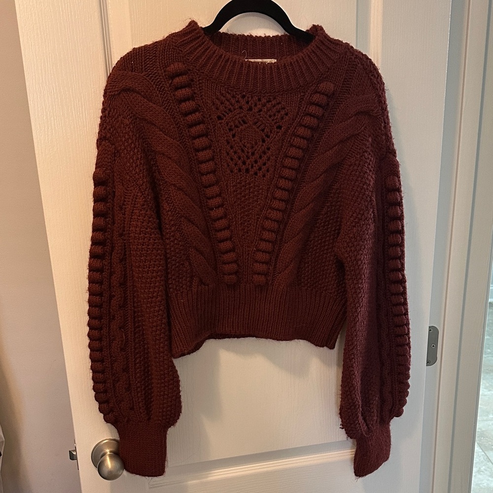 Anthropologie Cropped Chunky Knit Cable Sweater - Maroon